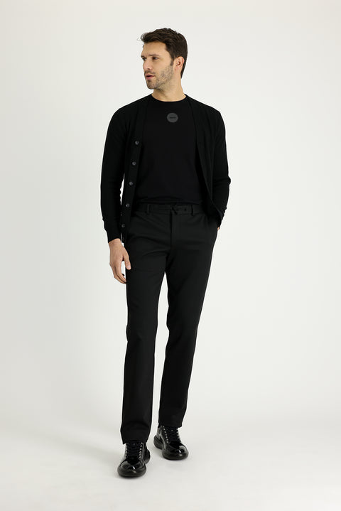 Black 7 Drop Slim Fit Narrow Cut Pants with Elastic Waistband and Drawstring, Patterned Lycra Fabric