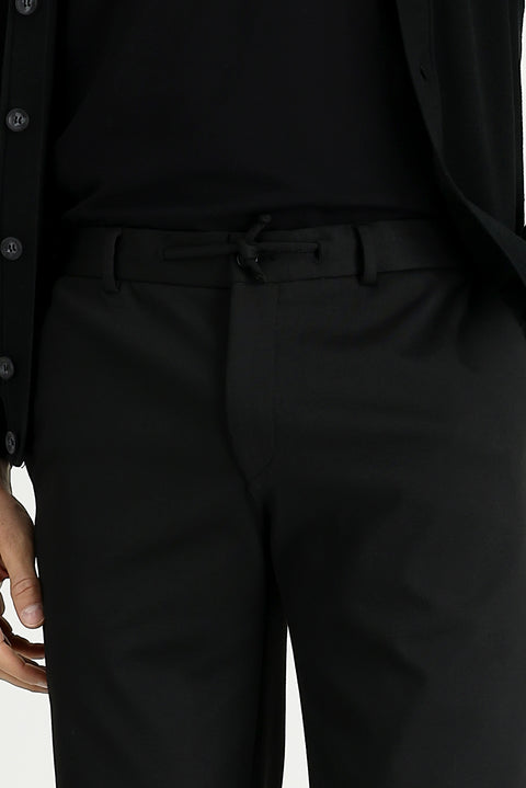 Black 7 Drop Slim Fit Narrow Cut Pants with Elastic Waistband and Drawstring, Patterned Lycra Fabric