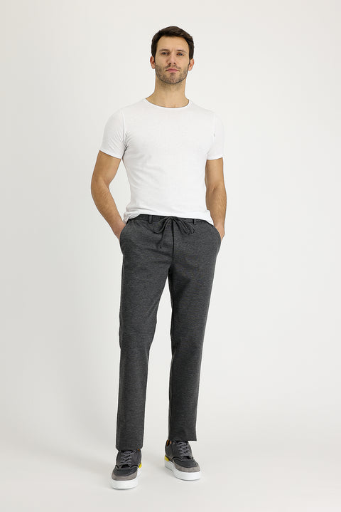 Medium Grey 7 Drop Slim Fit Narrow Cut Elastic Waist Drawstring Patterned Lycra Fabric Trousers