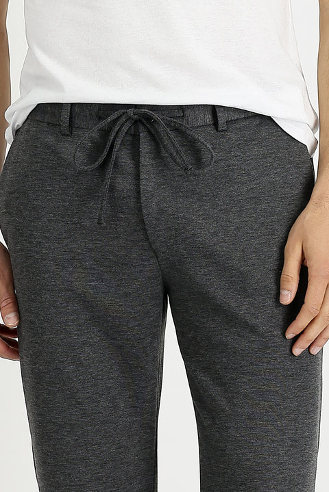 Medium Grey 7 Drop Slim Fit Narrow Cut Elastic Waist Drawstring Patterned Lycra Fabric Trousers