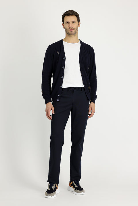Dark Navy 7 Drop Slim Fit, Narrow Cut, Elastic Waistband, Drawstring, Patterned Lycra Fabric Trousers