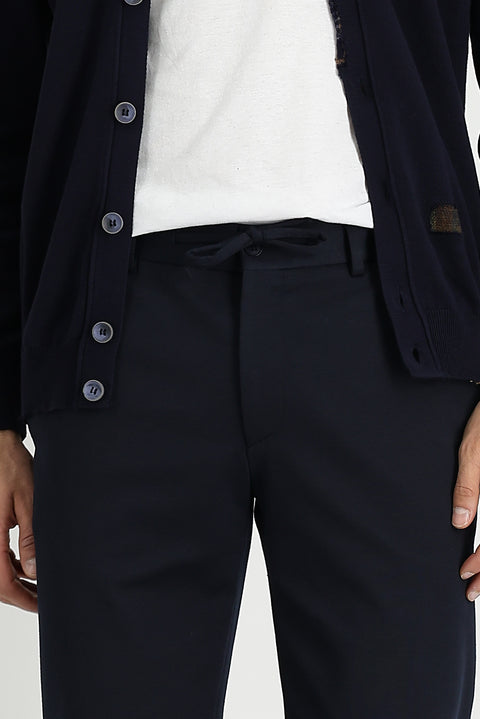 Dark Navy 7 Drop Slim Fit, Narrow Cut, Elastic Waistband, Drawstring, Patterned Lycra Fabric Trousers