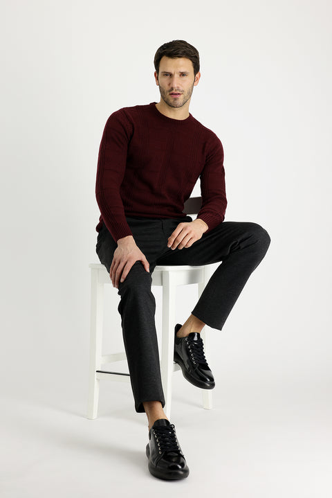 Koyu Antrasit 7 Drop Slim Fit Dar Kesim Beli Lastikli İpli Desenli Likralı Kumaş Pantolon