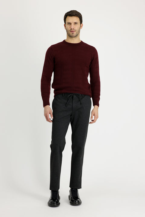 Koyu Antrasit 7 Drop Slim Fit Dar Kesim Beli Lastikli İpli Desenli Likralı Kumaş Pantolon