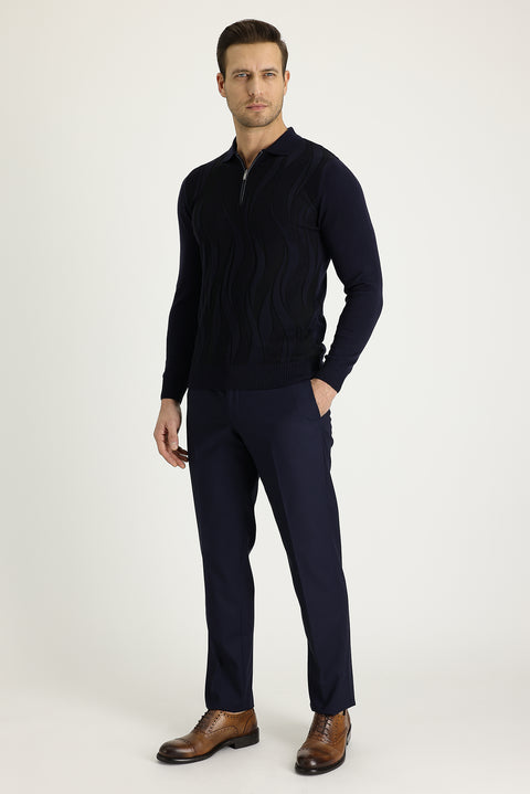 Dark Navy 4 Drop Relaxed Fit Lycra Classic Fabric Trousers