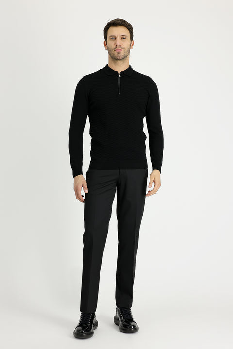 Black 4-Drop Relaxed Fit Casual Cut Classic Wool Fabric Trousers