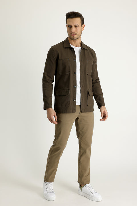 Dark Beige Regular Fit Standard Cut Lycra Canvas / Chino Trousers