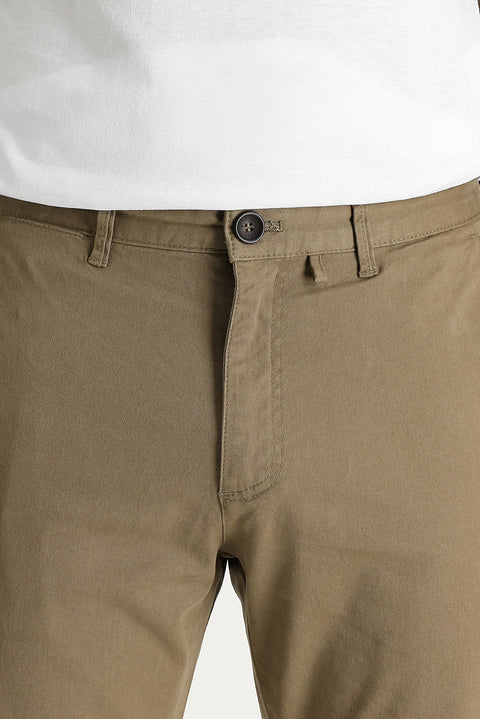 Dark Beige Regular Fit Standard Cut Lycra Canvas / Chino Trousers