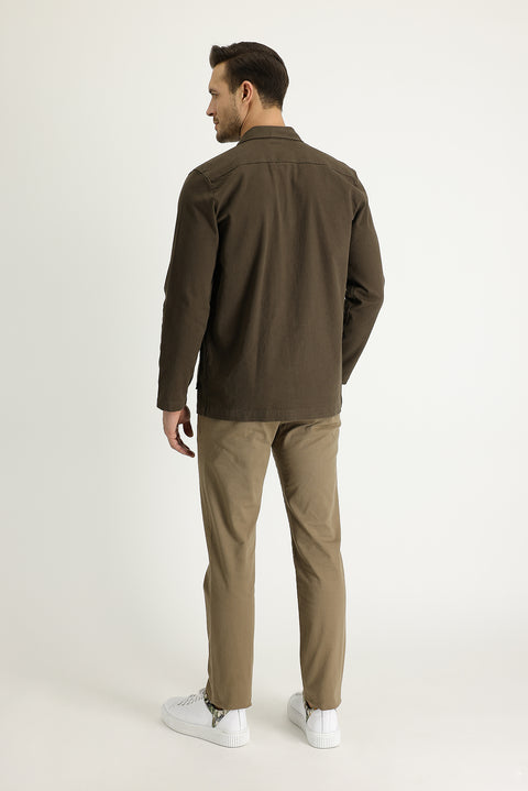 Dark Beige Regular Fit Standard Cut Lycra Canvas / Chino Trousers