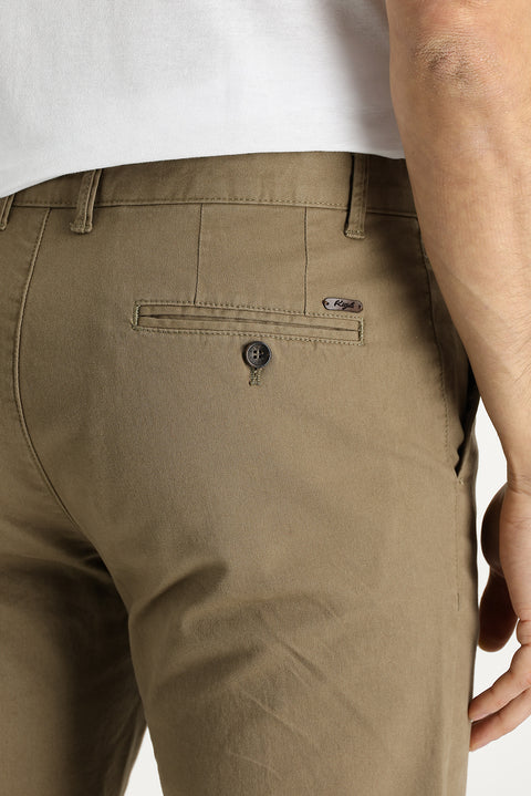 Dark Beige Regular Fit Standard Cut Lycra Canvas / Chino Trousers