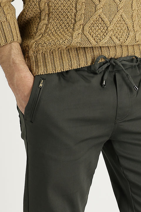 Açık Haki Slim Fit Dar Kesim Beli Lastikli İpli Likralı Kanvas / Chino Pantolon