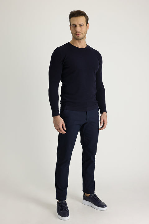 Mid Navy Regular Fit Standard Cut Lycra Canvas / Chino Trousers