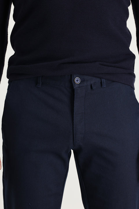 Mid Navy Regular Fit Standard Cut Lycra Canvas / Chino Trousers