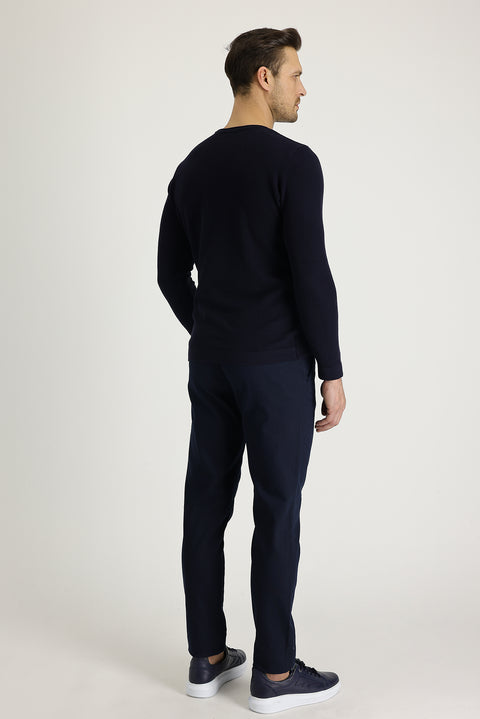 Mid Navy Regular Fit Standard Cut Lycra Canvas / Chino Trousers