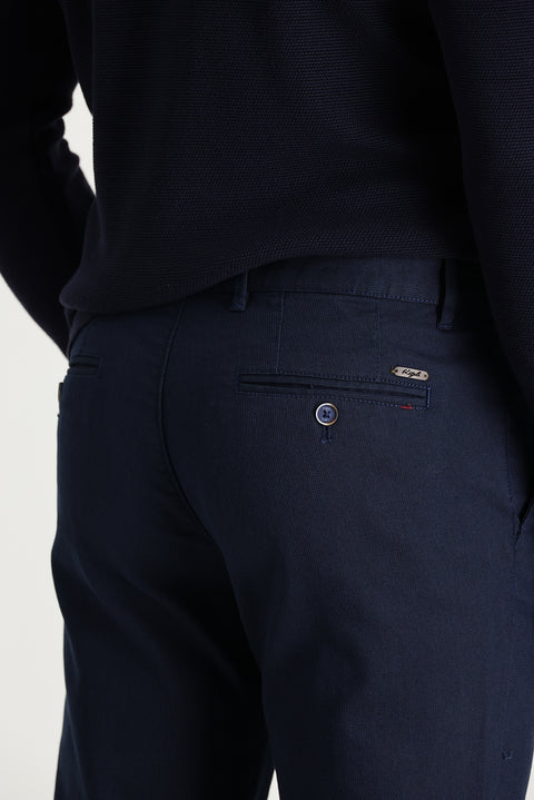 Mid Navy Regular Fit Standard Cut Lycra Canvas / Chino Trousers