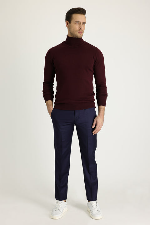 Light Navy Blue 7 Drop Slim Fit Narrow Cut Classic Wool Fabric Trousers