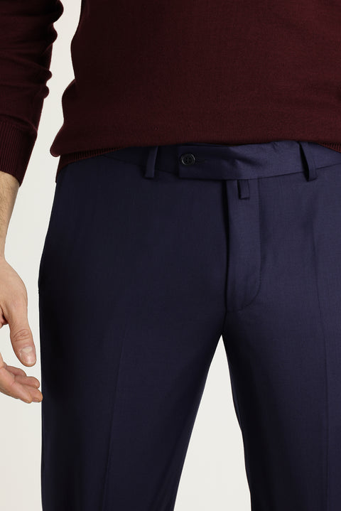 Light Navy Blue 7 Drop Slim Fit Narrow Cut Classic Wool Fabric Trousers