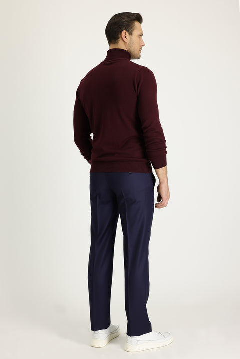 Light Navy Blue 7 Drop Slim Fit Narrow Cut Classic Wool Fabric Trousers