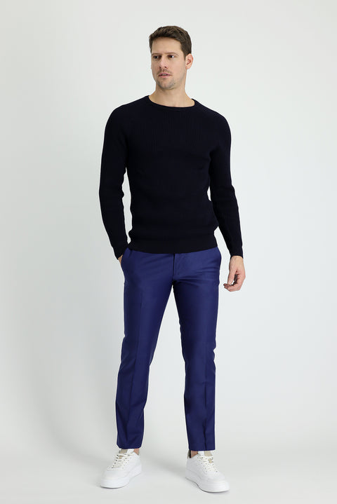 Light Navy Blue 7 Drop Slim Fit Narrow Cut Classic Wool Fabric Trousers