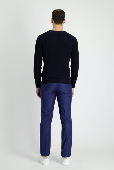 Light Navy Blue 7 Drop Slim Fit Narrow Cut Classic Wool Fabric Trousers