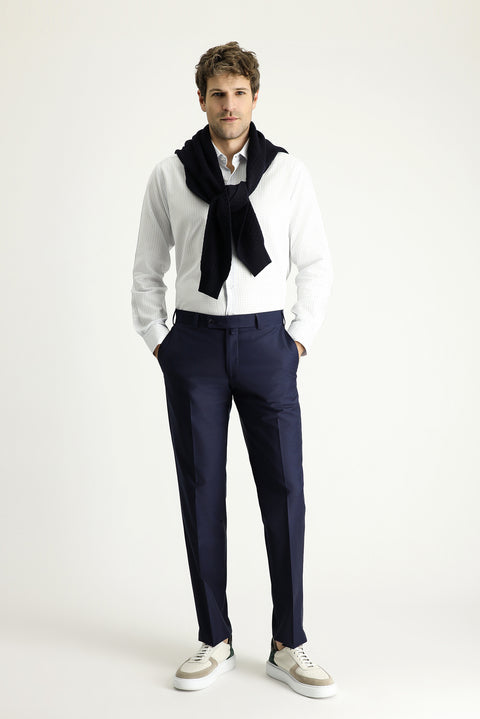 Dark Navy 7 Drop Slim Fit Narrow Cut Classic Wool Fabric Trousers