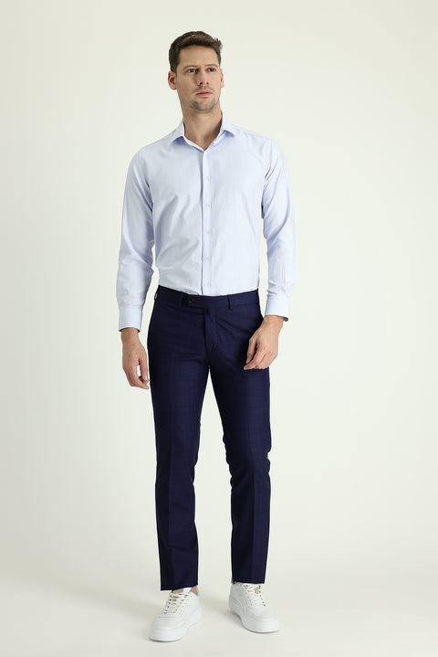 Light Navy 7 Drop Slim Fit Patterned Classic Fabric Trousers