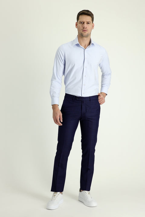 Light Navy 7 Drop Slim Fit Patterned Classic Fabric Trousers