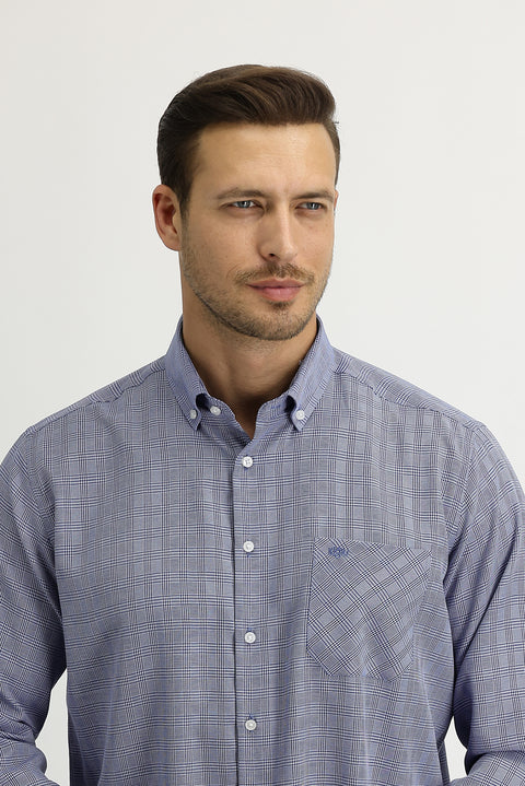 Medium Navy Long Sleeve Regular Fit Plaid Shirt
