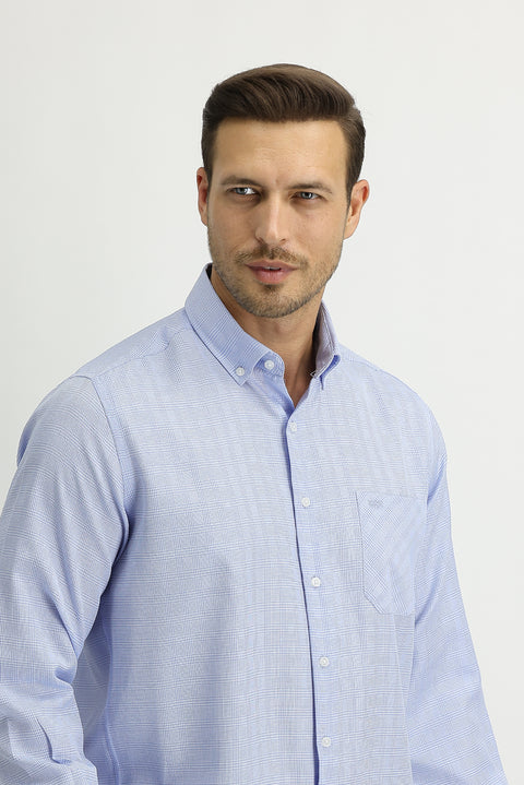 Light Blue Long Sleeve Regular Fit Plaid Shirt