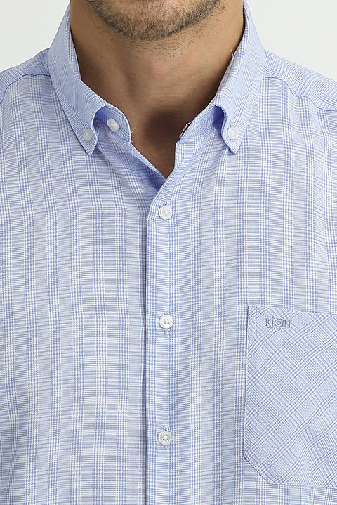 Light Blue Long Sleeve Regular Fit Plaid Shirt
