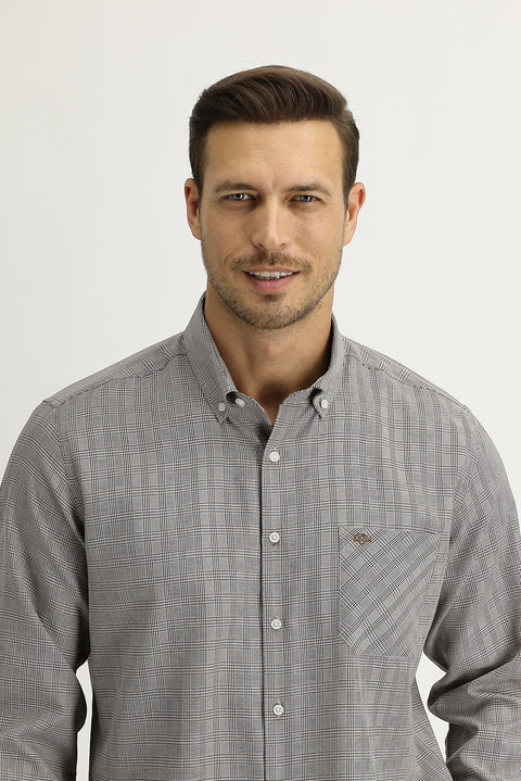 Medium Brown Long Sleeve Regular Fit Plaid Shirt