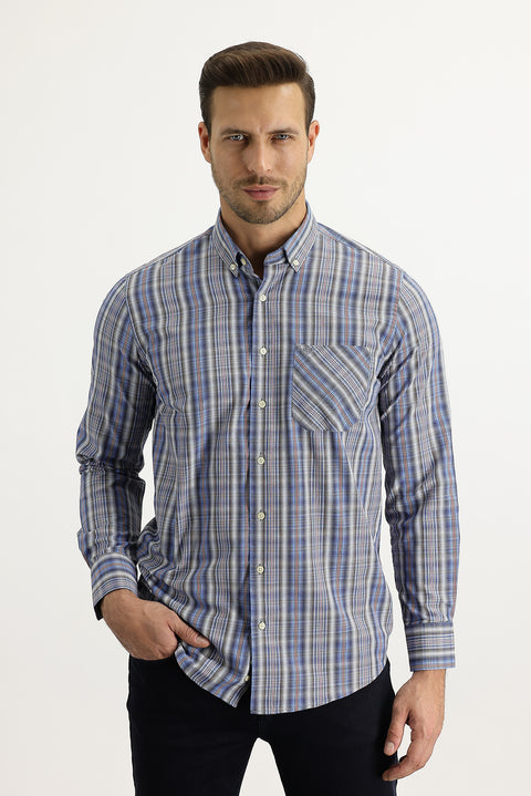 Aviator Blue Long Sleeve Regular Fit Plaid Button-Down Shirt