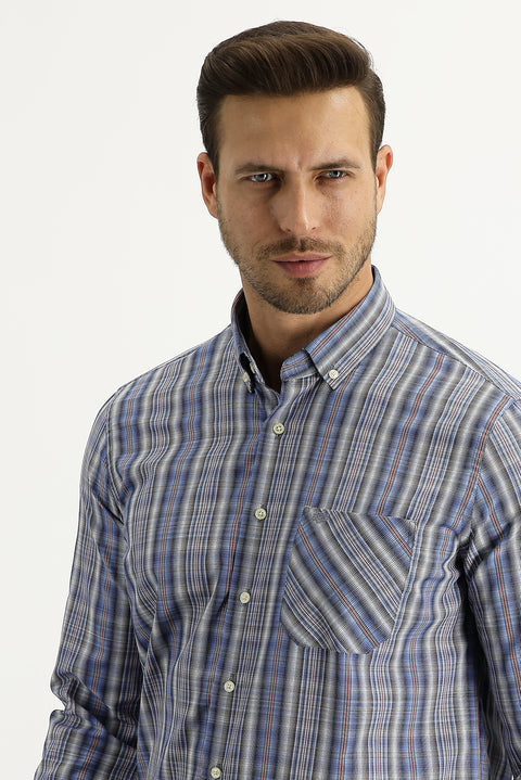 Aviator Blue Long Sleeve Regular Fit Plaid Button-Down Shirt