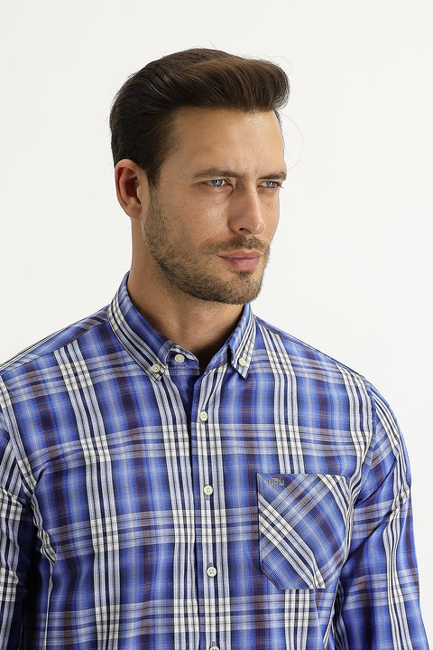 Blue Long Sleeve Regular Fit Plaid Button-Down Shirt