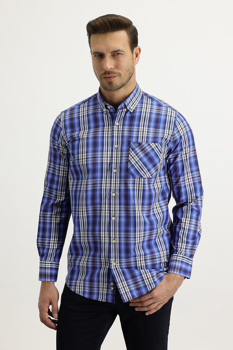 Blue Long Sleeve Regular Fit Plaid Button-Down Shirt