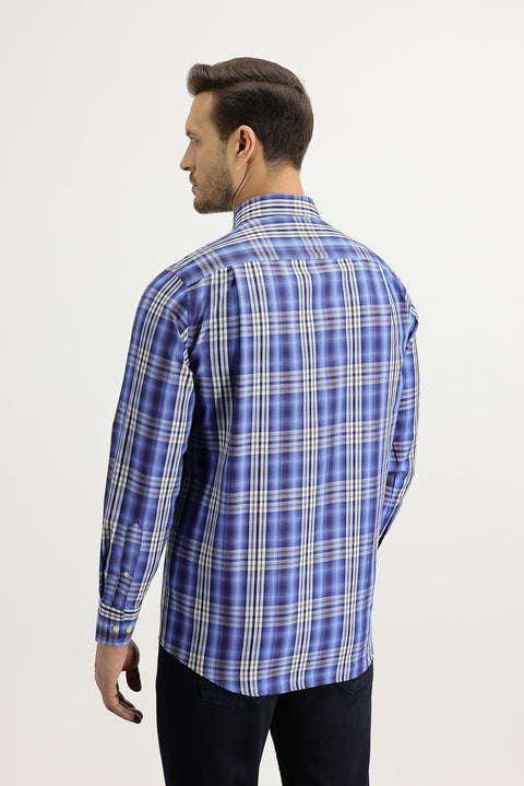 Blue Long Sleeve Regular Fit Plaid Button-Down Shirt