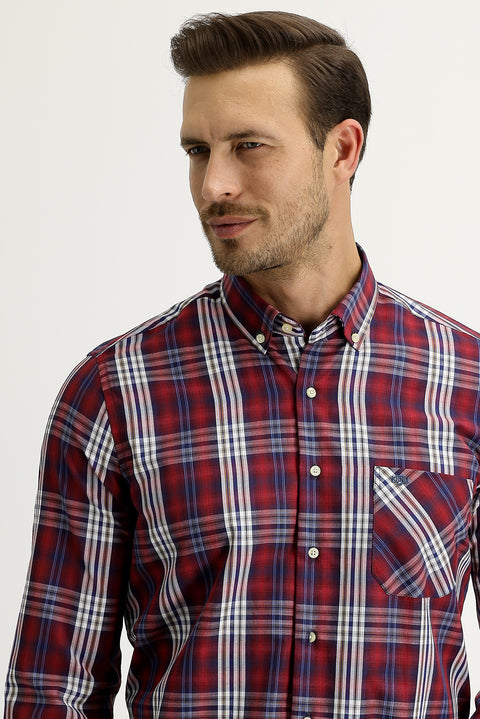 Light Burgundy Long Sleeve Regular Fit Plaid Button-Down Shirt