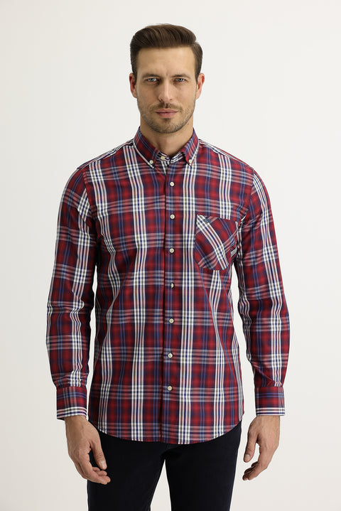 Light Burgundy Long Sleeve Regular Fit Plaid Button-Down Shirt