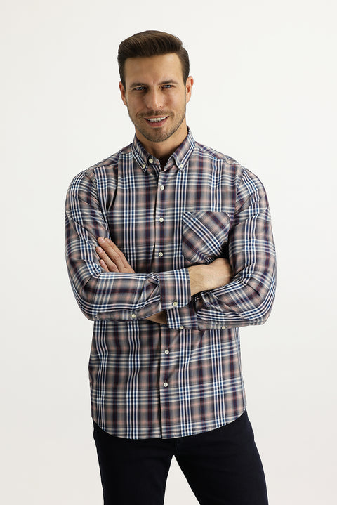 Dark Burgundy Long Sleeve Regular Fit Plaid Cotton Button-Down Collar Shirt