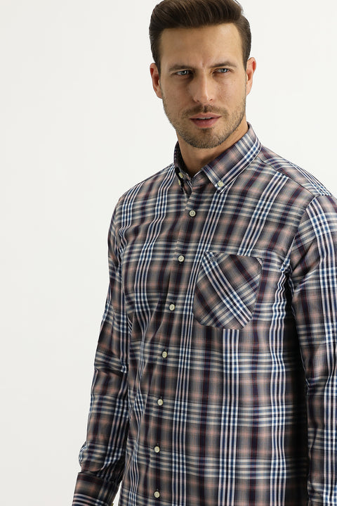 Dark Burgundy Long Sleeve Regular Fit Plaid Cotton Button-Down Collar Shirt