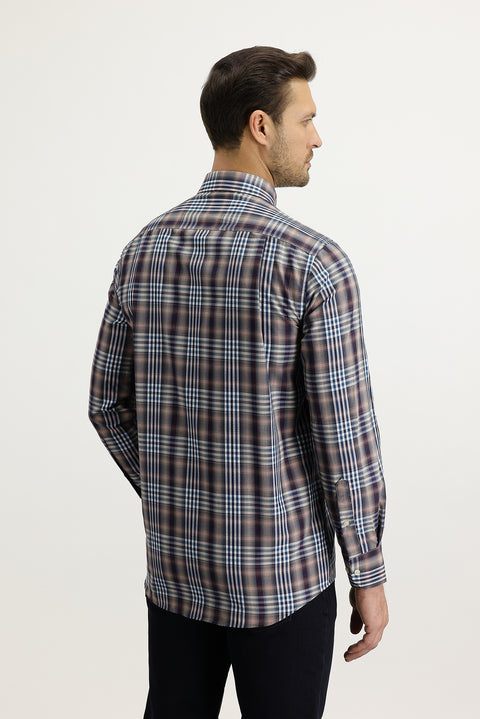 Dark Burgundy Long Sleeve Regular Fit Plaid Cotton Button-Down Collar Shirt