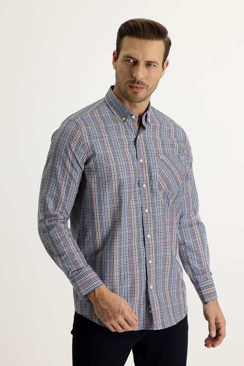 Blue Long Sleeve Regular Fit Plaid Shirt
