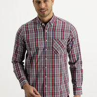 Dark Red Long Sleeve Regular Fit Plaid Cotton Shirt