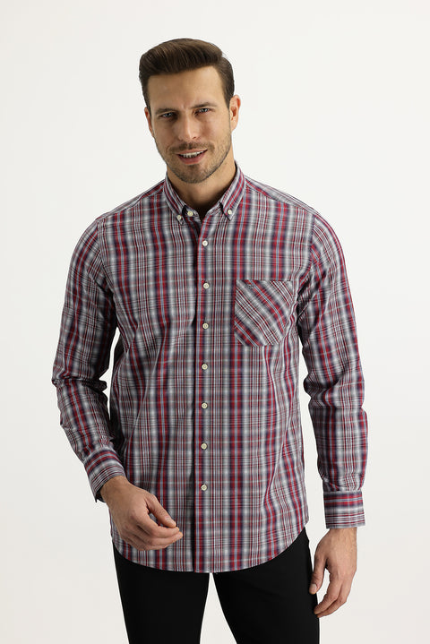 Dark Red Long Sleeve Regular Fit Plaid Cotton Shirt