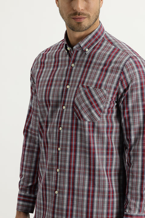 Dark Red Long Sleeve Regular Fit Plaid Cotton Shirt