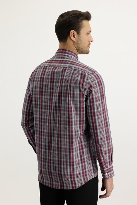 Dark Red Long Sleeve Regular Fit Plaid Cotton Shirt