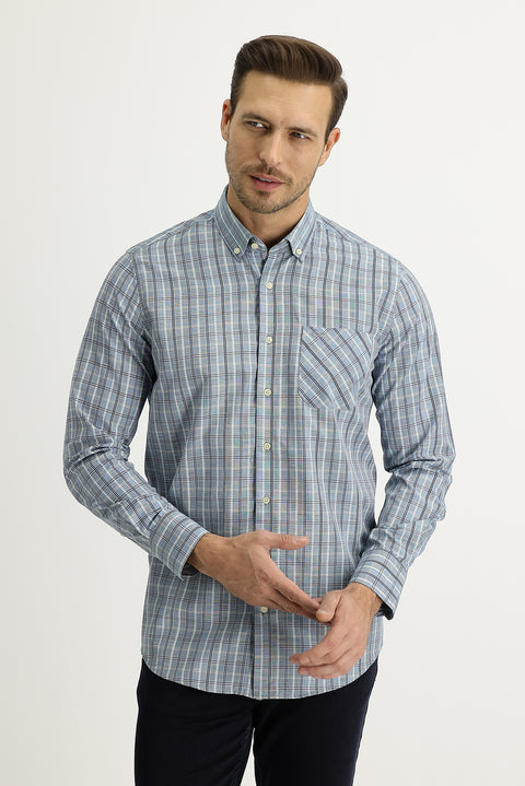 Light Blue Long Sleeve Regular Fit Plaid Button-Down Shirt