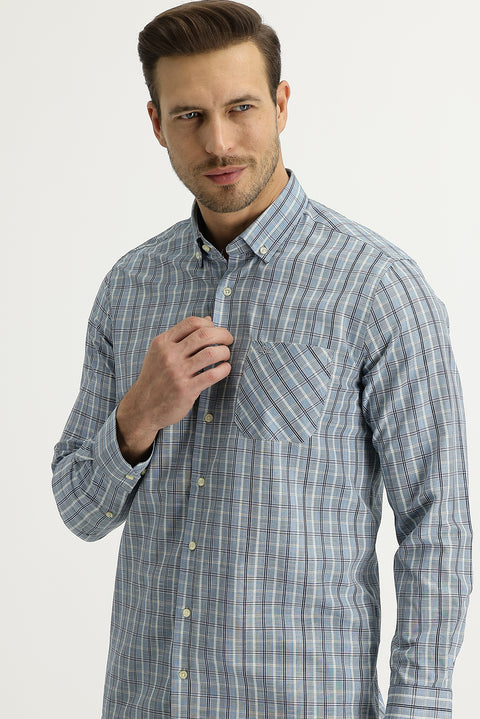 Light Blue Long Sleeve Regular Fit Plaid Button-Down Shirt