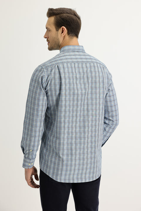 Light Blue Long Sleeve Regular Fit Plaid Button-Down Shirt