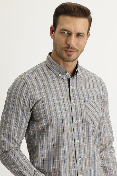 Light Mink Long Sleeve Regular Fit Plaid Button-Down Shirt